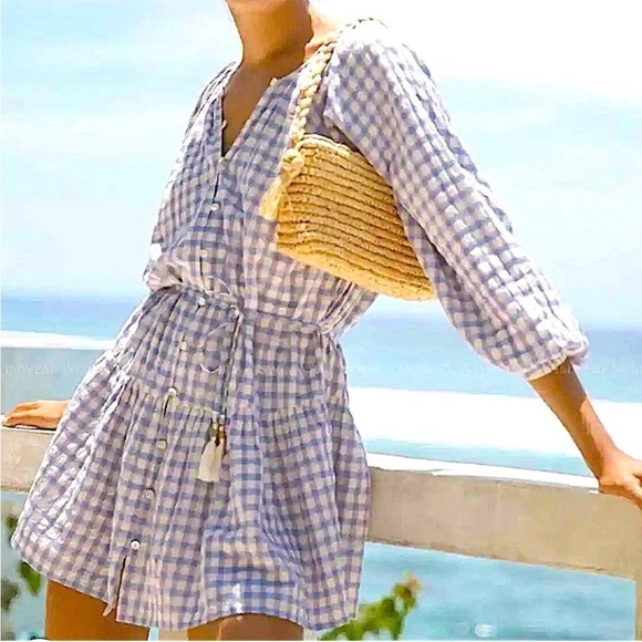 Anthropologie L*Space Vida Mini Dress Park Slope Gingham Check Blue Purple Swim - Picture 1 of 13